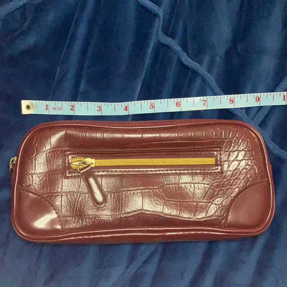 Burgundy Leather Embossed Pencil Case with Gold Hardware Detail
